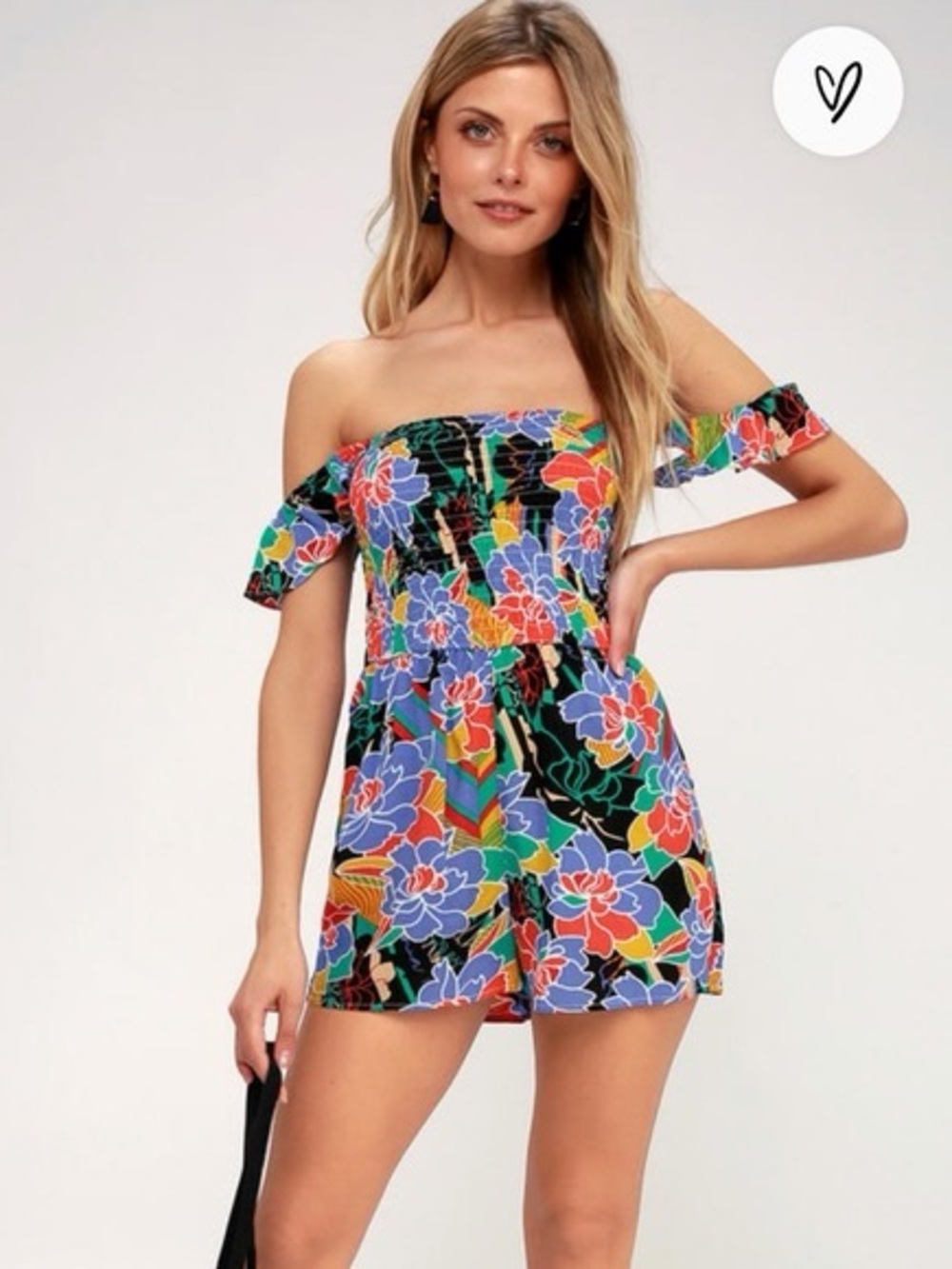 Lulu’s Tropico Blue Multi Floral Print Off-the-Shoulder Romper Size S Tropical